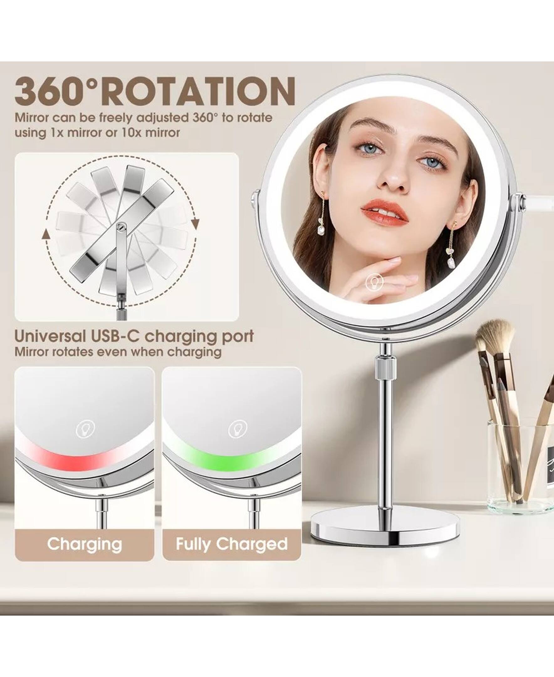 360° ROTATION  
Mirror can be freely adjusted 360° to rotate using 1x mirror or 10x mirror  

Universal USB-C charging port  
Mirror rotates even when charging  

Charging  
Fully Charged