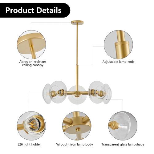Product Details

- Abrasion-resistant ceiling canopy
- Adjustable lamp-rods
- E26 light holder
- Wrought iron lamp body
- Transparent glass lampshade