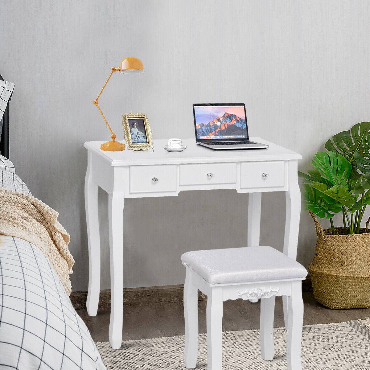 Alt View 5. Costway - Costway Bedroom Wooden Mirrored Makeup Vanity Set Stool Table Set 5 Drawers - white.
