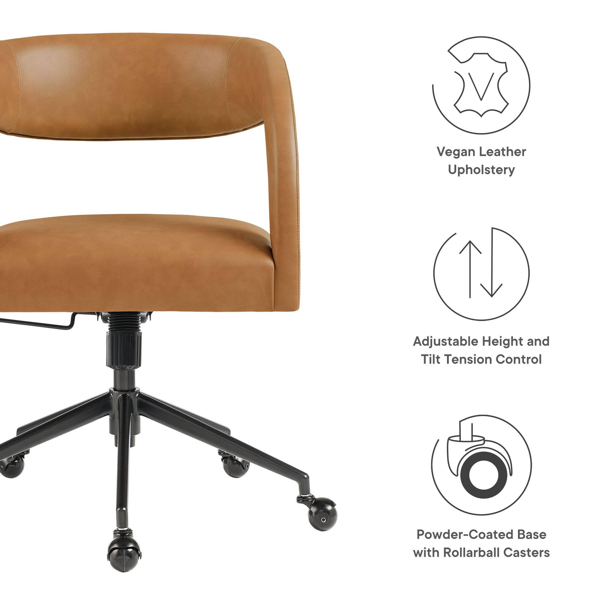 Vegan Leather Upholstery  
Adjustable Height and Tilt Tension Control  
Powder-Coated Base with Rollarball Casters