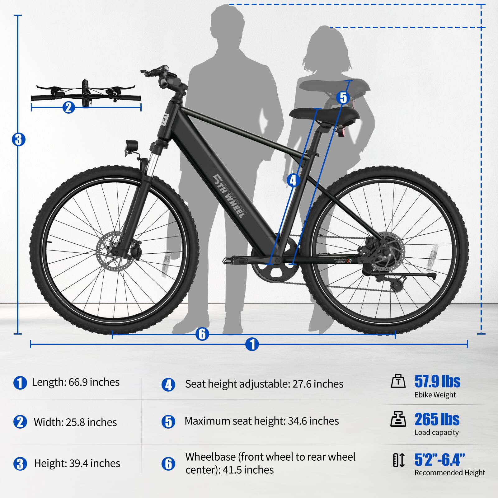 Sure, here is the corrected and grouped text from the image:

---

**Dimensions:**
1. Length: 66.9 inches
2. Width: 25.8 inches
3. Height: 39.4 inches
4. Seat height adjustable: 27.6 inches
5. Maximum seat height: 34.6 inches
6. Wheelbase (front wheel to rear wheel center): 41.5 inches

**Specifications:**
- Ebike Weight: 57.9 lbs
- Load capacity: 265 lbs
- Recommended Height: 5'2" - 6.4"

---