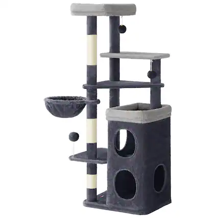 Front. Songmics Home - Cat Tree, 60-Inch Cat Tower, Multiple-Level Plush Condo with 2 Caves, 3 Scratching Posts, 3 Perches - Dark Gray.