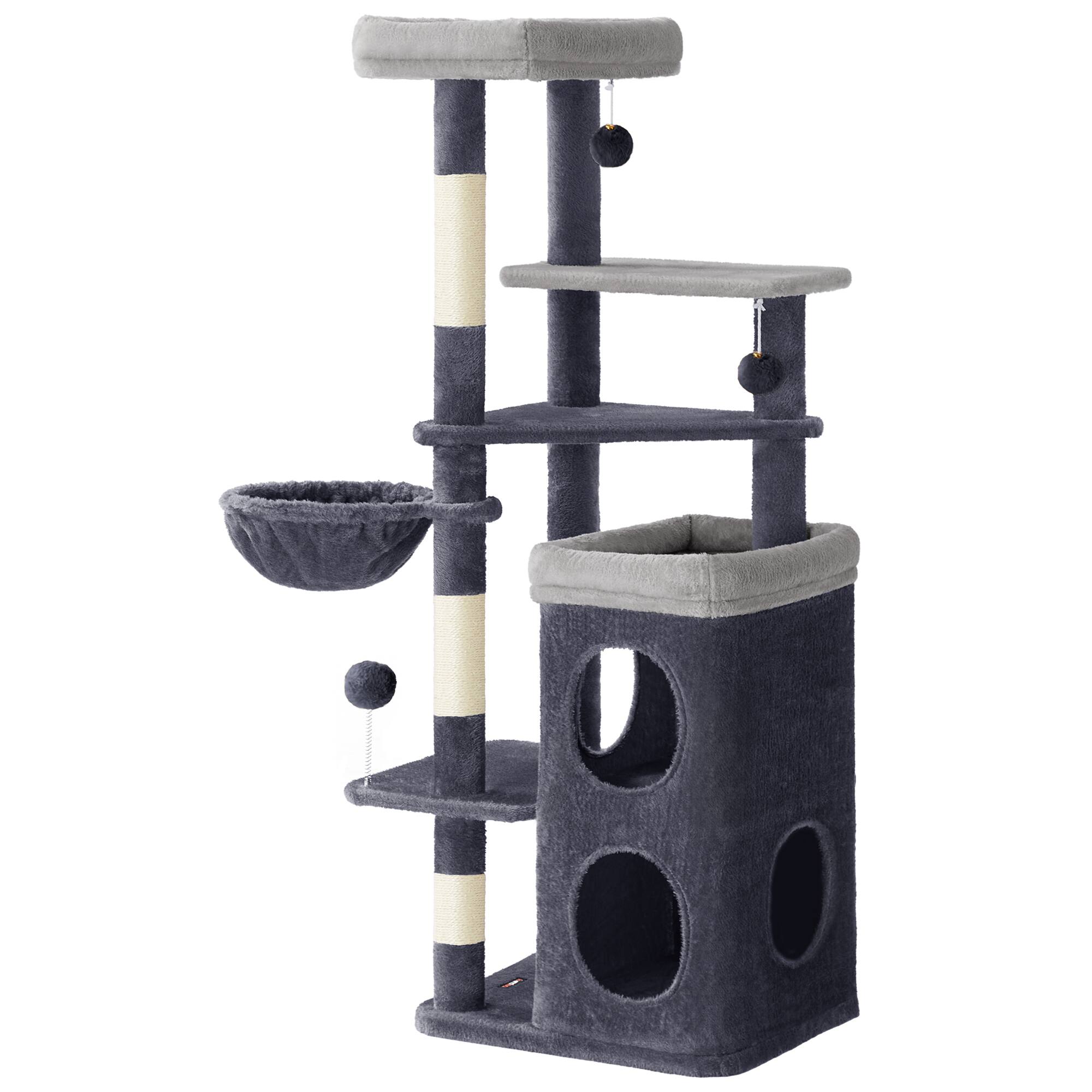 Front. Songmics Home - Cat Tree, 60-Inch Cat Tower, Multiple-Level Plush Condo with 2 Caves, 3 Scratching Posts, 3 Perches - Dark Gray.