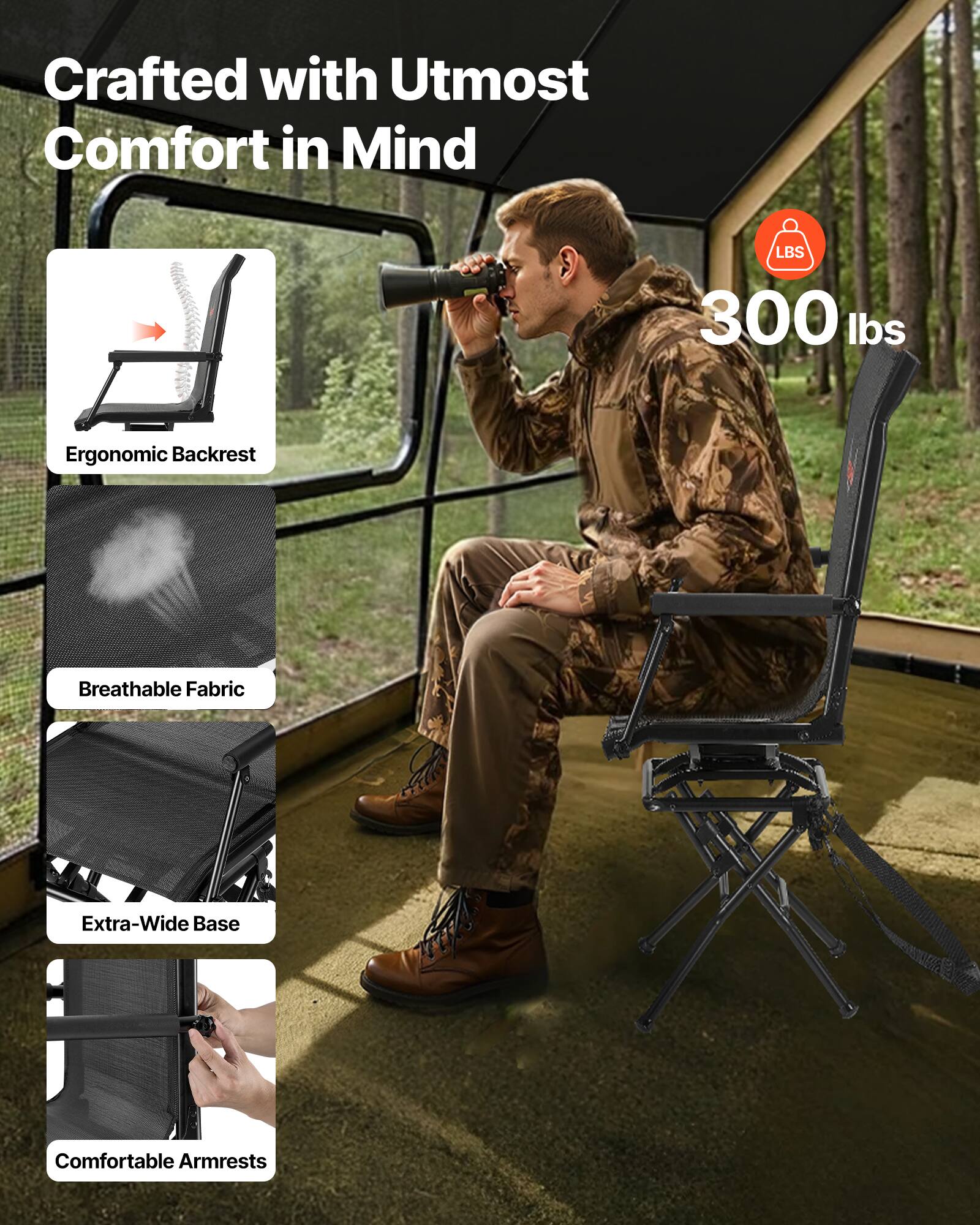 Crafted with Utmost Comfort in Mind

- LBS 300 lbs
- Ergonomic Backrest
- Breathable Fabric
- Extra-Wide Base
- Comfortable Armrests