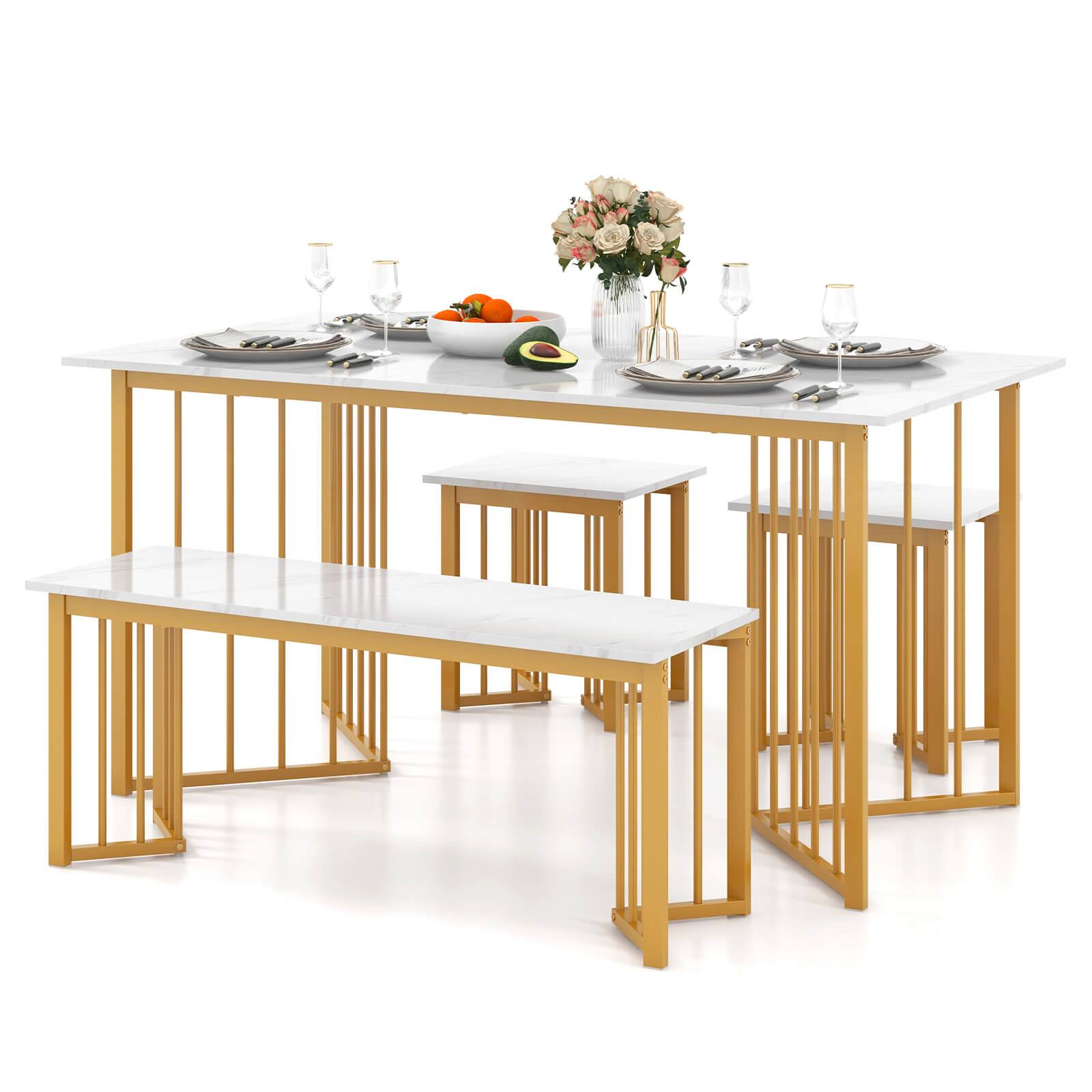 Front. Costway - 4 PCS Dining Table Set Kitchen Table w/ Bench & 2 Stools Wing-shaped Metal Legs - White and Gold.