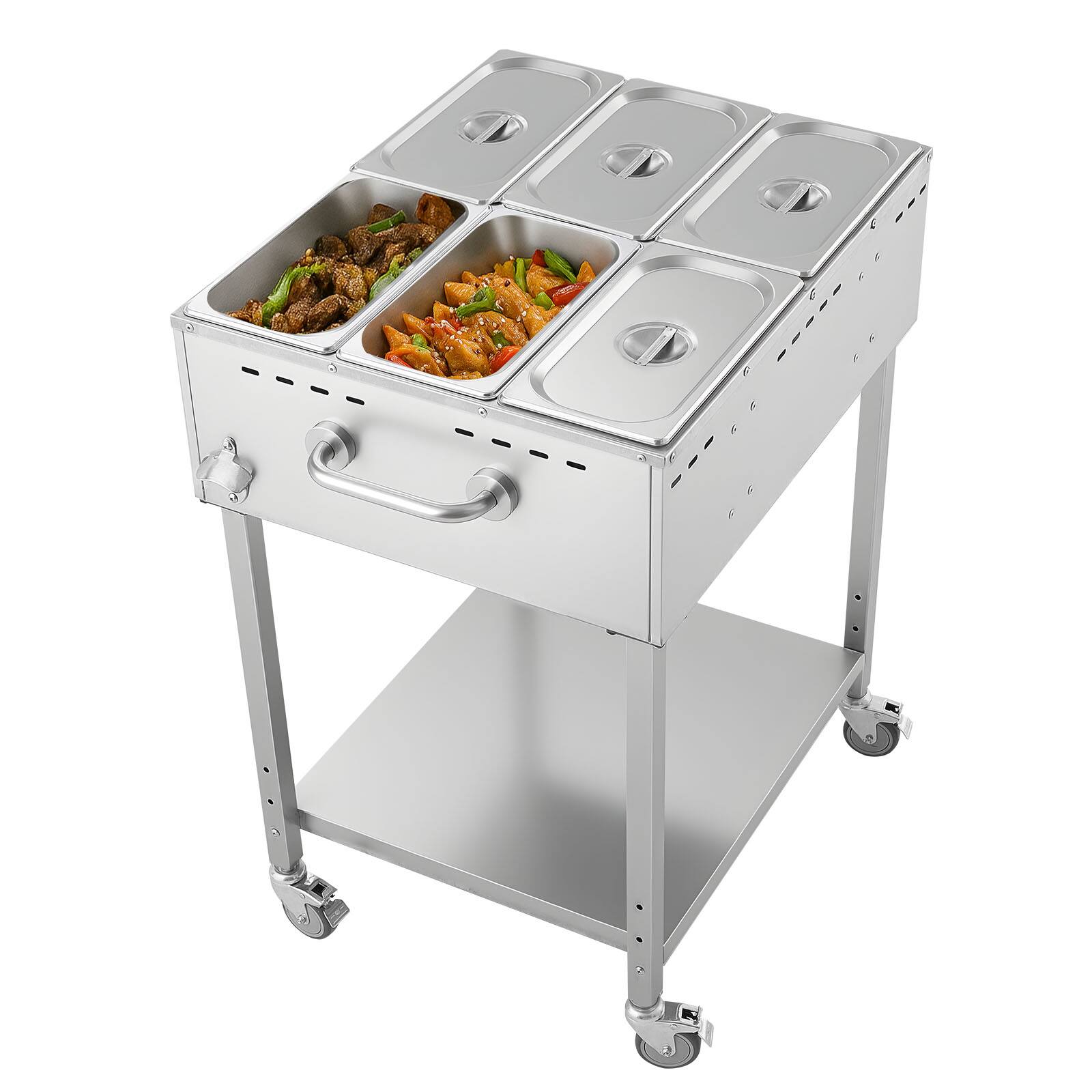 Alt View 5. VEVOR - 6-Pan Commercial Propane Steam Table, LP Gas Outdoor Soup Warmer with Drain Valve and 3" Wheels, Stainless Steel - Silver.