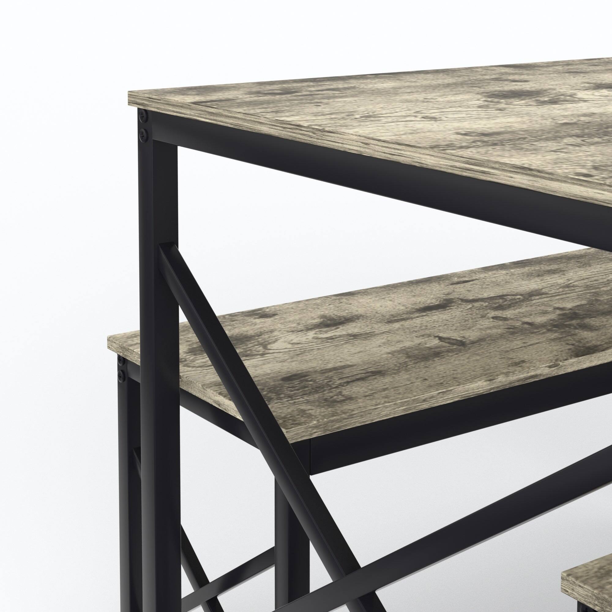 Alt View 1. Vecelo - Dining Set: 55" Table & 2 Benches - Space Saving Design, Easy Assembly, Metal Frame, 4-Person Family Dining - Grey.