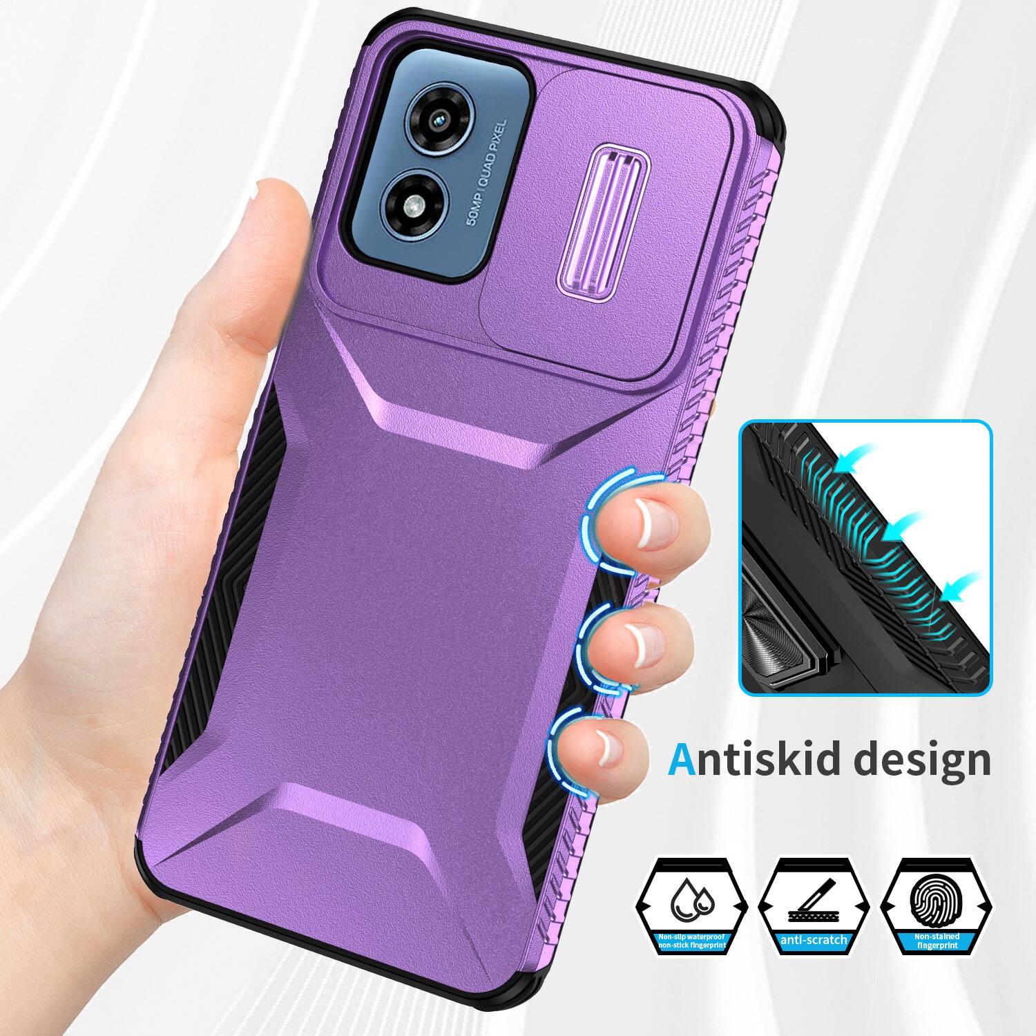 PIXEL QUAD 50MP  
Antiskid design  
Non-slip waterproof eco-stick fingerprint  
anti-scratch  
Non-stained fingerprint