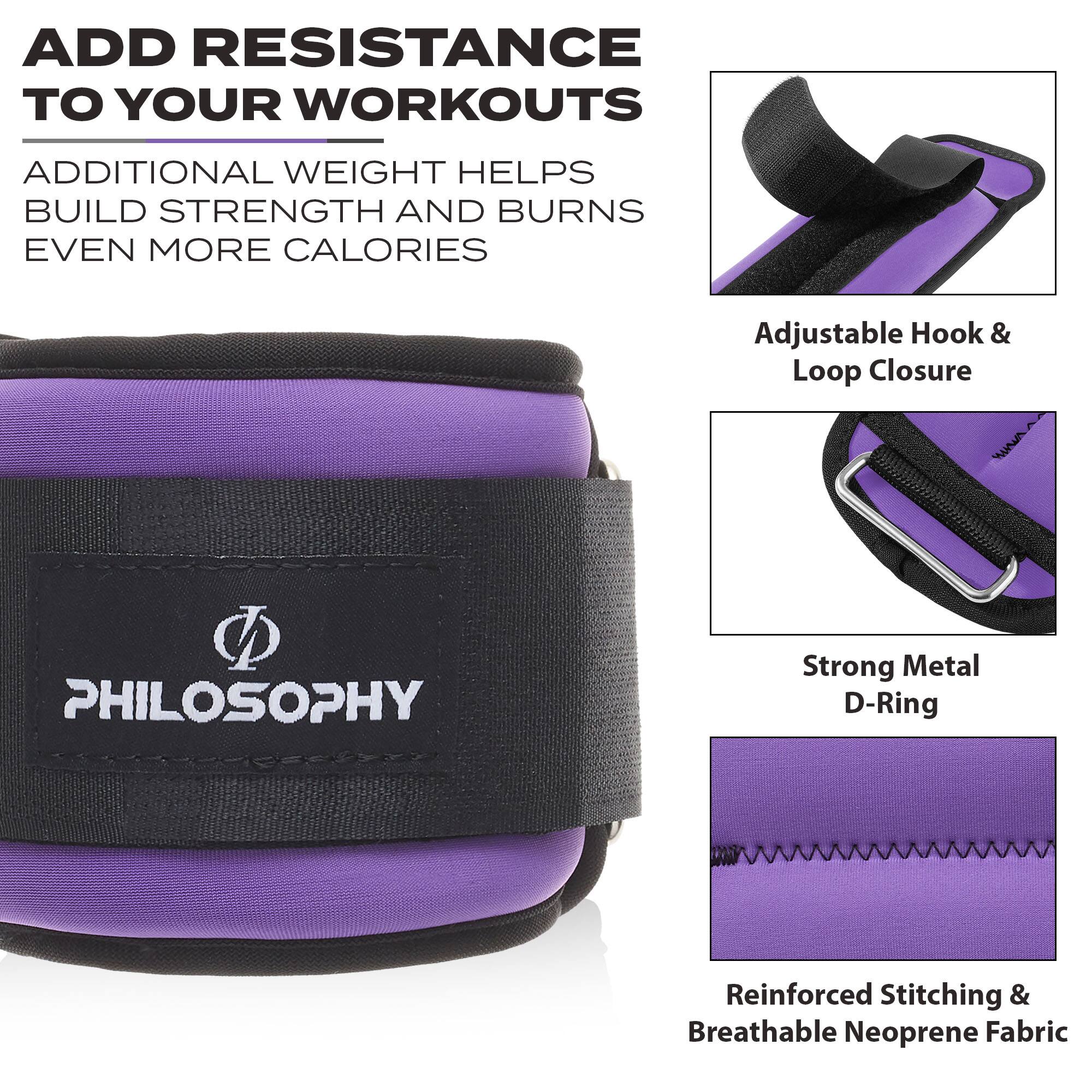 ADD RESISTANCE TO YOUR WORKOUTS  
ADDITIONAL WEIGHT HELPS BUILD STRENGTH AND BURNS EVEN MORE CALORIES  

Adjustable Hook & Loop Closure  
Strong Metal D-Ring  
Reinforced Stitching & Breathable Neoprene Fabric  

PHILOSOPHY