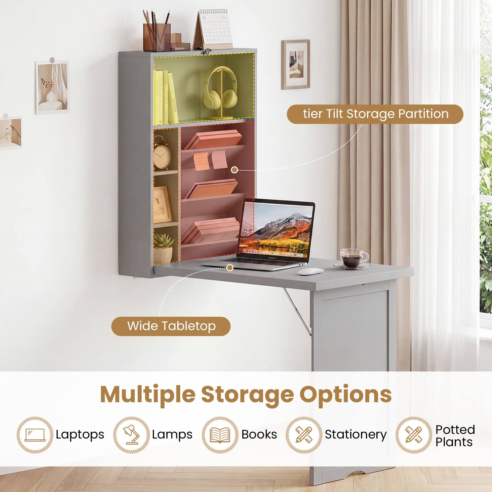A d tier Tilt Storage Partition Wide Tabletop Multiple Storage Options Books Potted Laptops Lamps Stationery D Plants