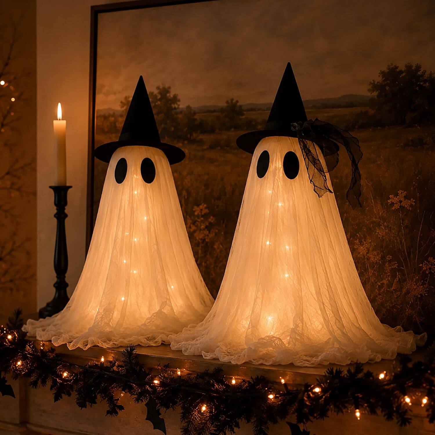 Angle. FASCINATE - 2-Pack 2-ft Lighted Witch Hat Ghosts with Remote, 8 Lighting Modes, Timer and USB or Battery Power - White.