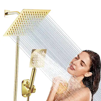 Front. Paradigms Interiors - High Square Rain Shower Head Combo Equipped With All Metal Hand Extra Long Hose 3 way Diverter Adhesive Hol... - Square#Gold-6'' Showerhead Set.
