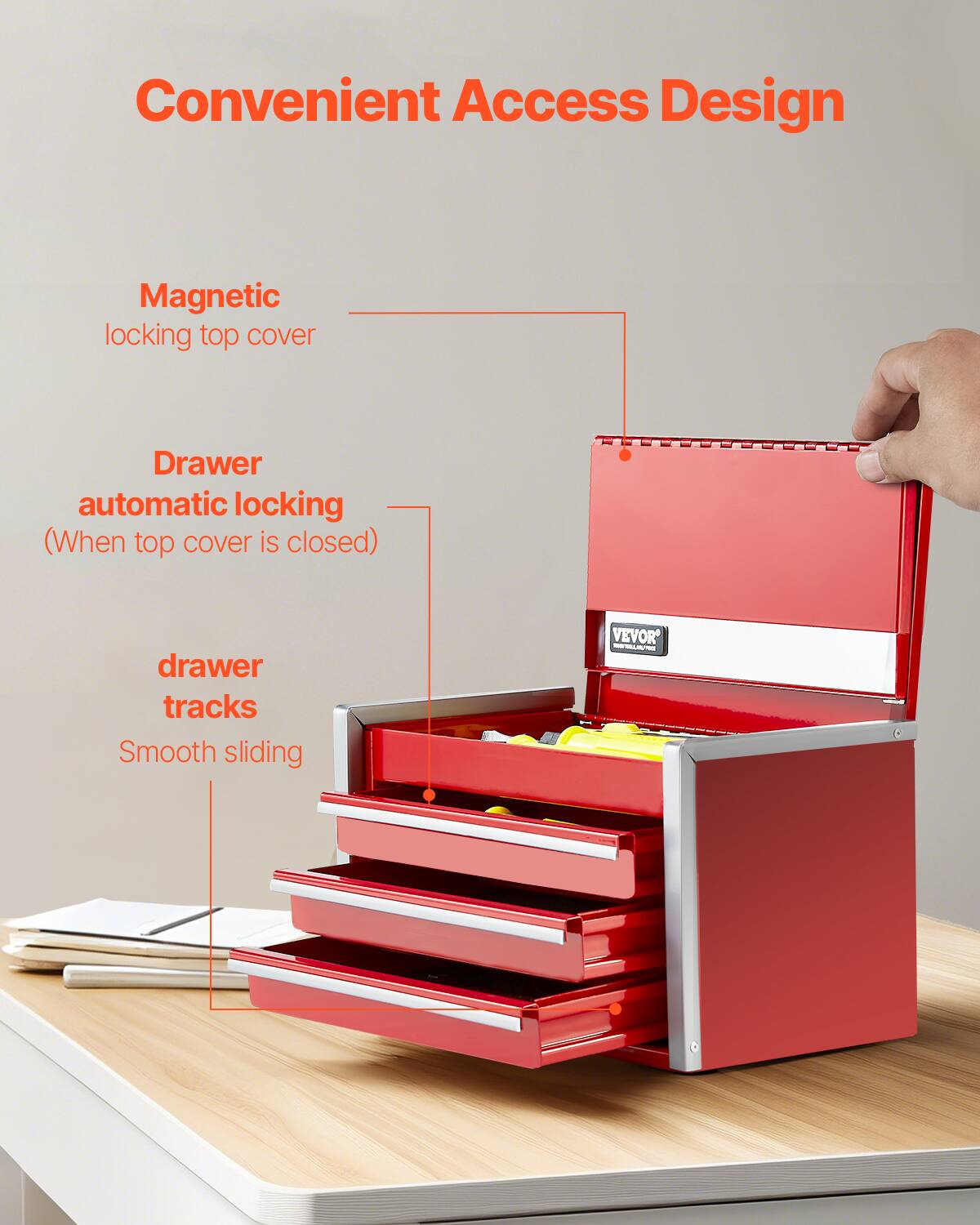 Convenient Access Design

- Magnetic locking top cover
- Drawer automatic locking (When top cover is closed)
- drawer tracks
- Smooth sliding