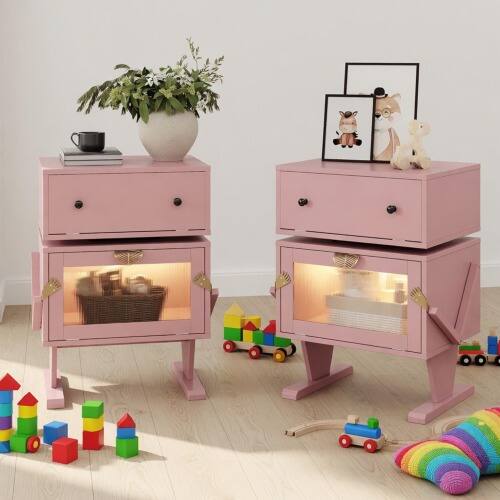 Angle. LUCKY ONE - 20.7" Assembled Robot LED Nightstand 360 Rotating Drawer - Pink.