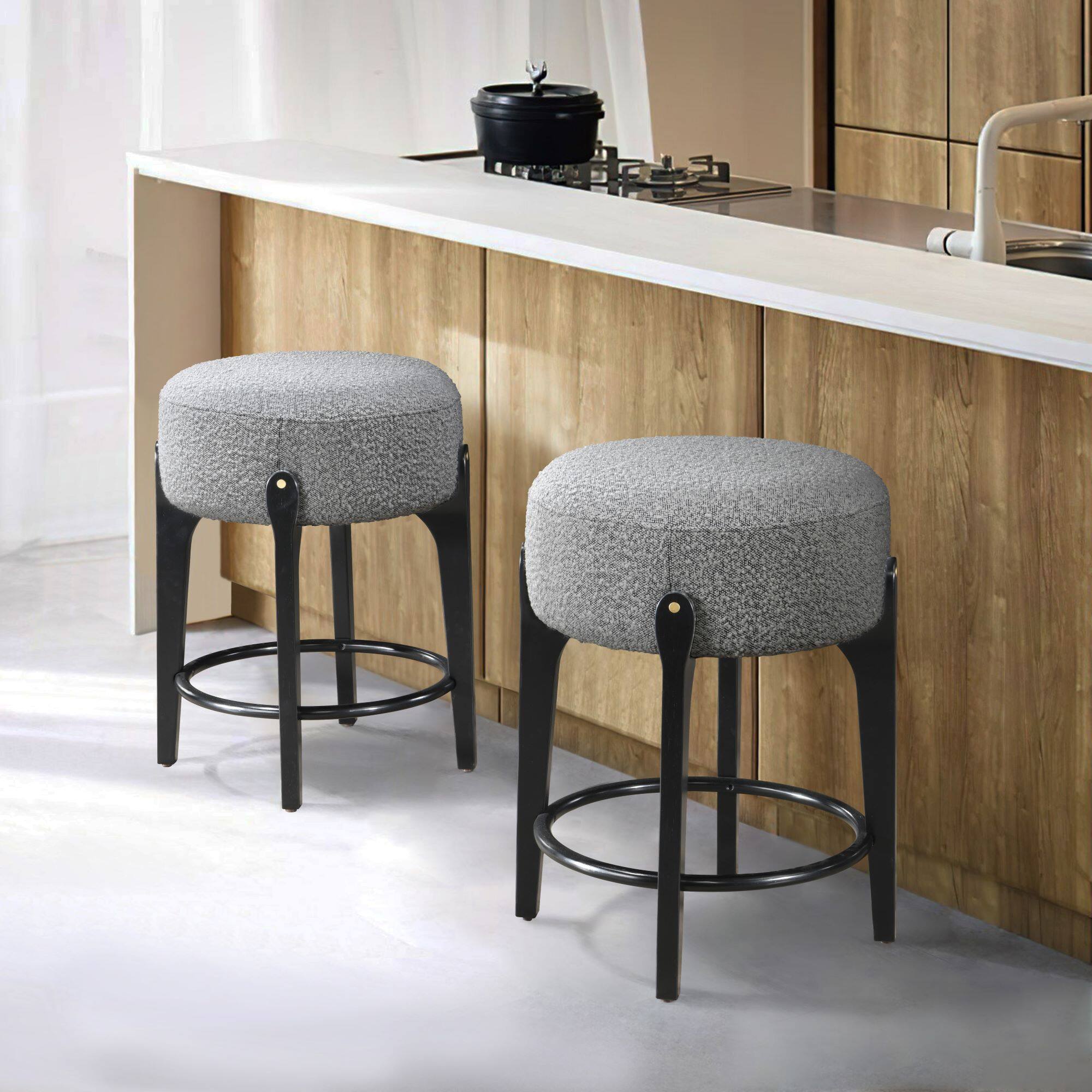 Angle. LuXeo - Ellie 24 in. Black Backless Wood Counter Stool with Gray Boucle Fabric Seat (Set of 2) - Black/Gray.