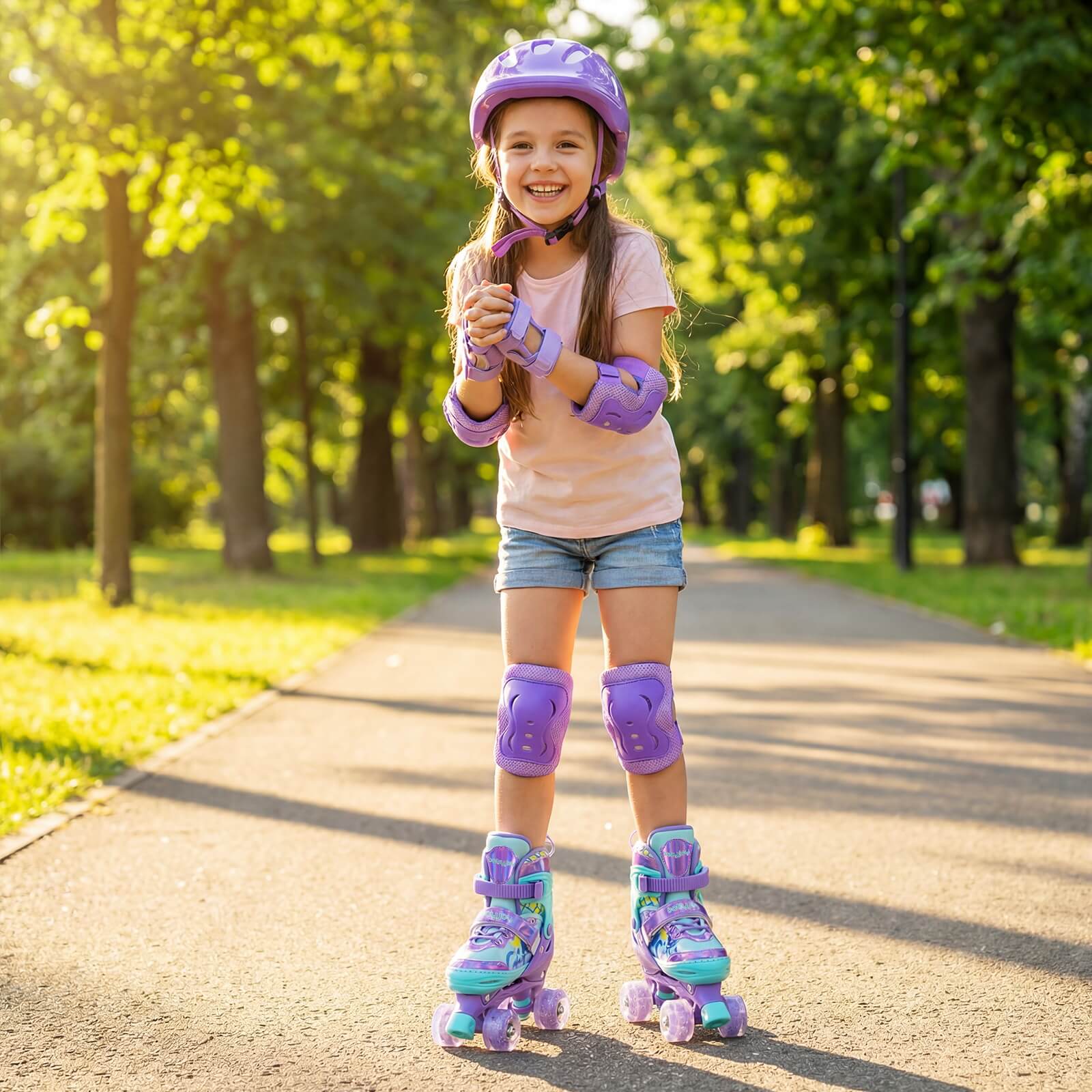 Alt View 3. Costway - Costway 4 Sizes Adjustable Quad Skates with Light-up Wheels&Safety Protection for Beginners 1-4 - Purple.