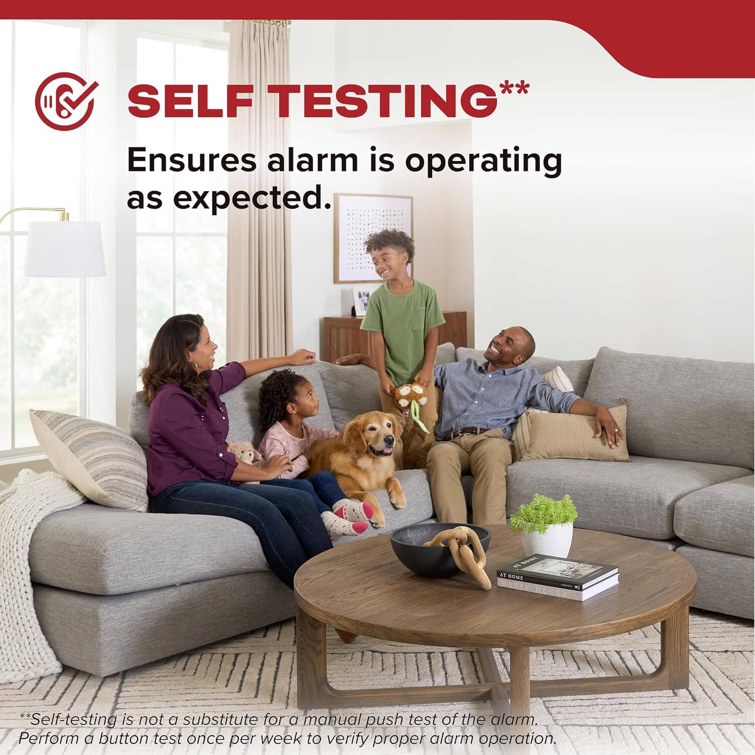 SELF TESTING**  
Ensures alarm is operating as expected.  

AT HOME  
**Self-testing is not a substitute for a manual push test of the alarm. Perform a button test once per week to verify proper alarm operation.