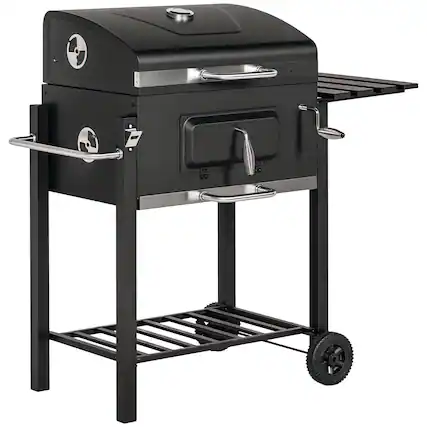 Front. Outsunny - Charcoal BBQ Grill, Outdoor Portable Cooker for Camping or Backyard Picnic with Side Table - Black.