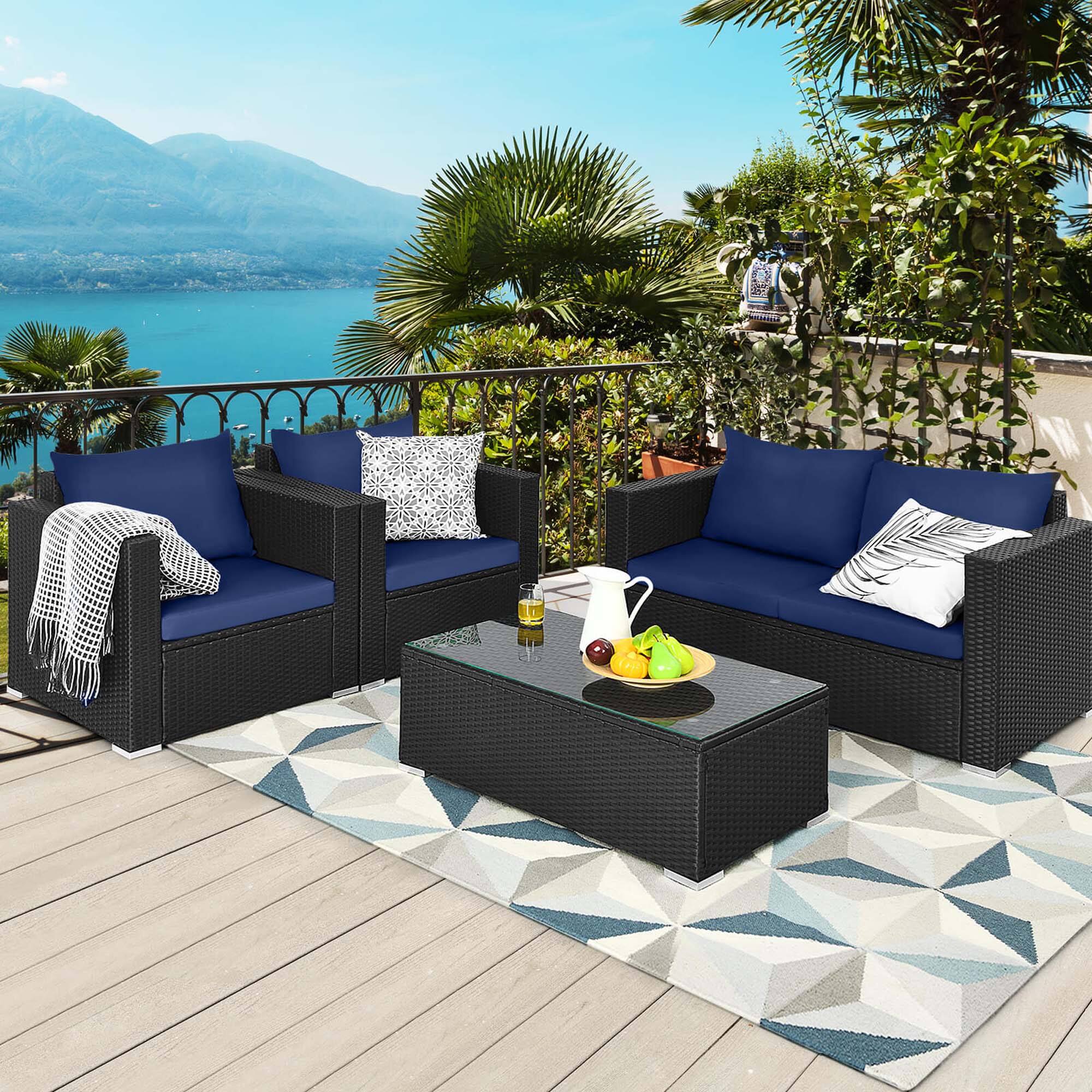 Alt View 1. Costway - 8 PCS Patio Rattan Furniture Set Cushioned Sofa Chair Coffee Table - Black,Blue.