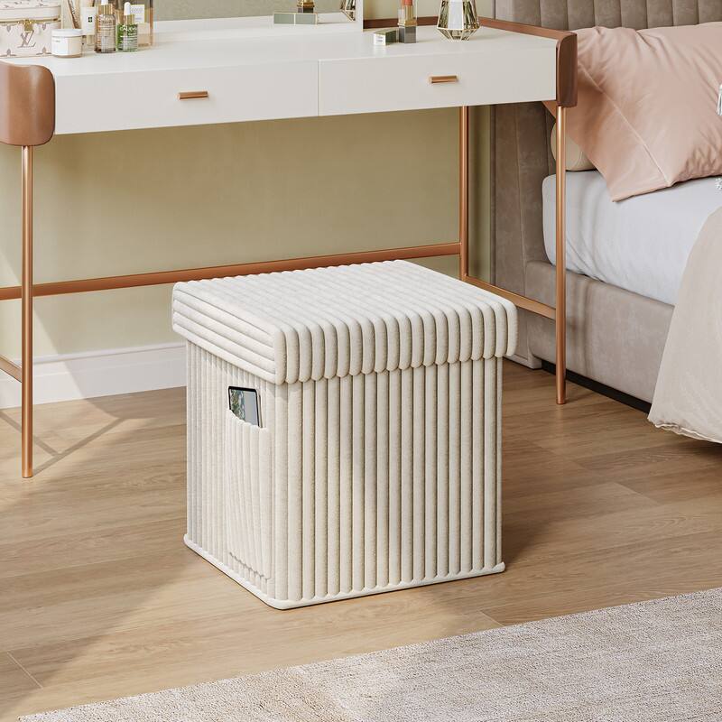 Front. Pinmoco - Pinmoco- Corduroy Ottoman Plush Foldable Bench with Free Cozy Blanket - Off-White.