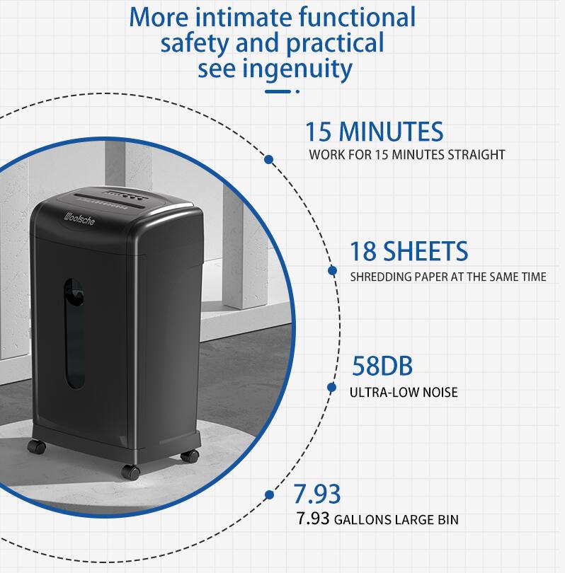 More intimate functional safety and practical see ingenuity, 15 MINUTES WORK FOR 15 MINUTES STRAIGHT, AO Woolsche, 18 SHEETS SHREDDING PAPER AT THE SAME TIME, 58DB ULTRA-LOW NOISE, 7.93 GALLONS LARGE BIN.
