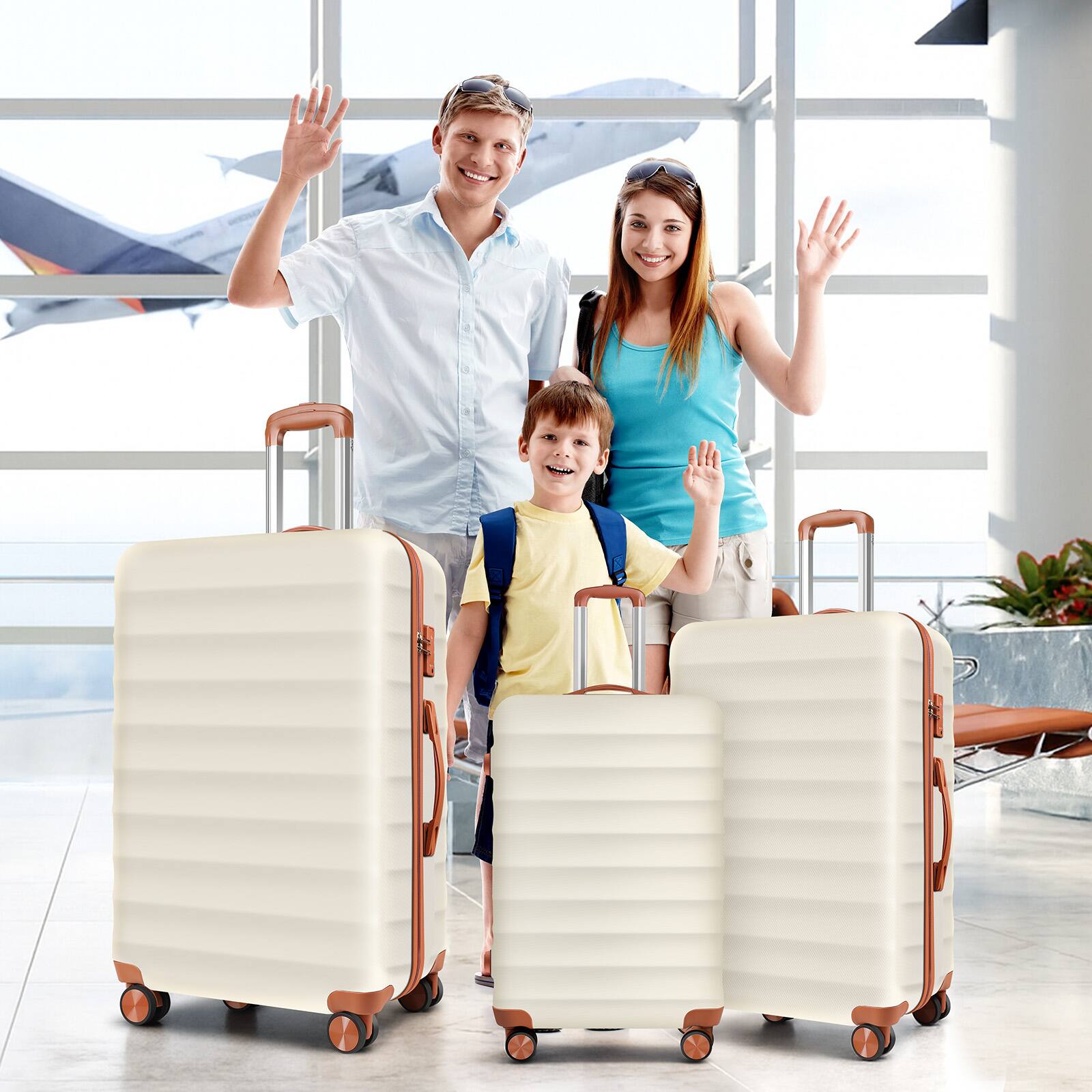 Alt View 5. Sugift - 3 Piece Hardshell Luggage Sets Checked Spinner Luggage Set with TSA Lock, YKK Zippers and PC+ABS Construction - Beige.