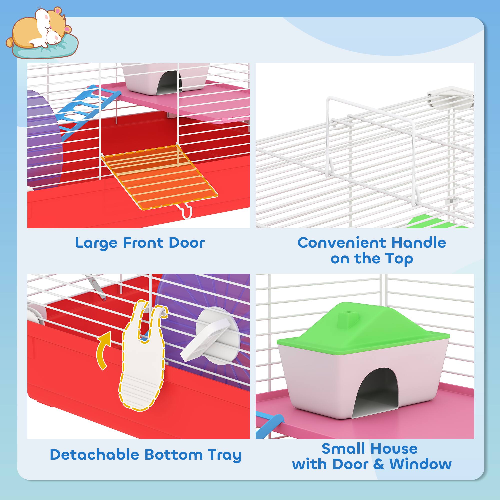 - Large Front Door
- Convenient Handle on the Top
- Detachable Bottom Tray
- Small House with Door & Window