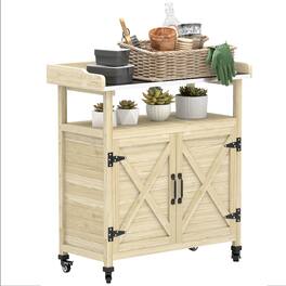 Outsunny - Outdoor Wooden Potting Bench Table, Garden Workstation with Storage Cabinet, Aluminum Table Top, Rubber Wheels - Natural Wood