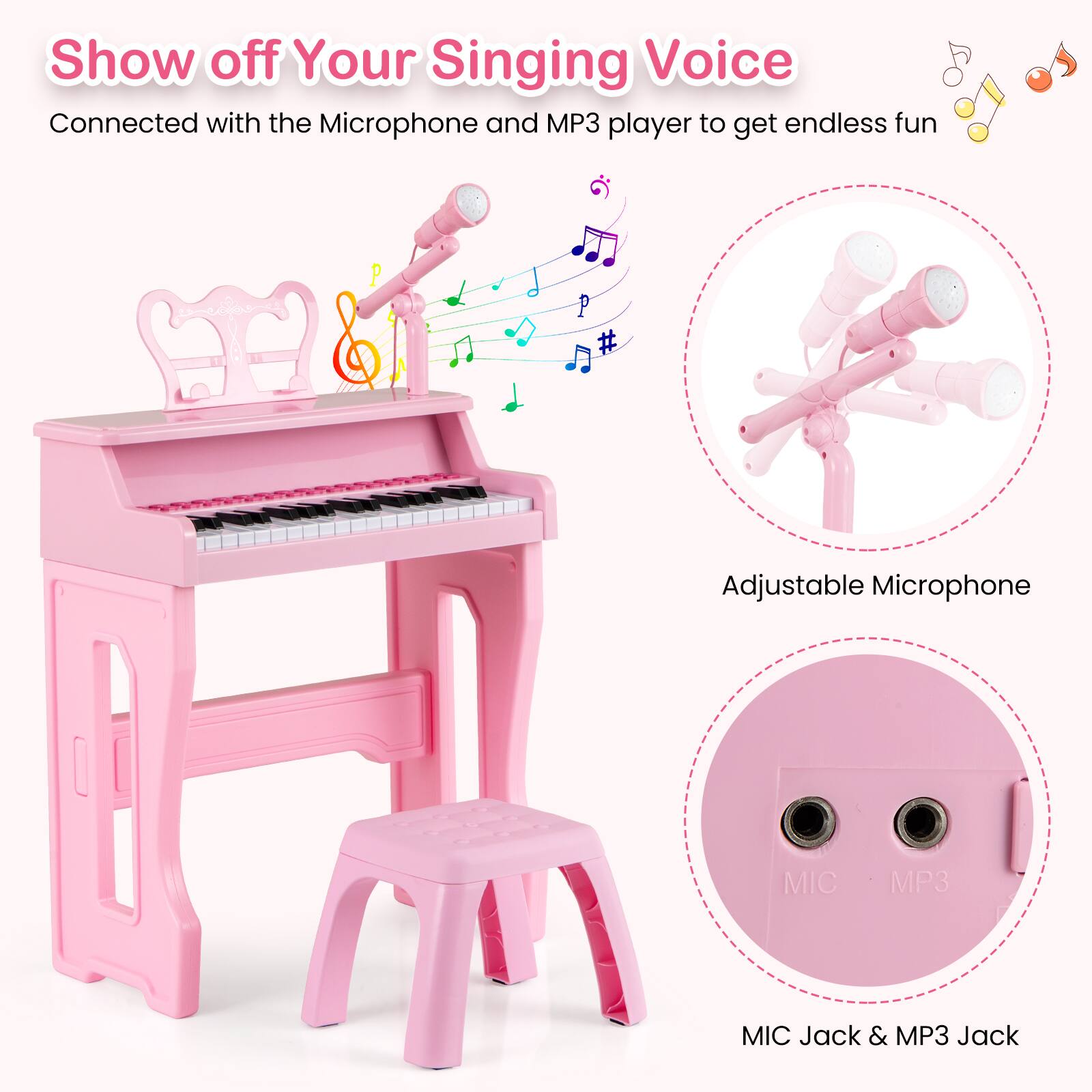 Show off Your Singing Voice

Connected with the Microphone and MP3 player to get endless fun

Adjustable Microphone

MIC Jack & MP3 Jack