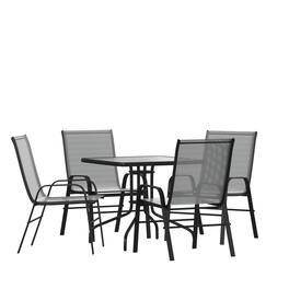 Emma + Oliver - Five Piece Patio Dining Set - Square Table with Powder Coated Frame and Tempered Glass Top & 4 Flex Comfort Stack Chairs - Gray
