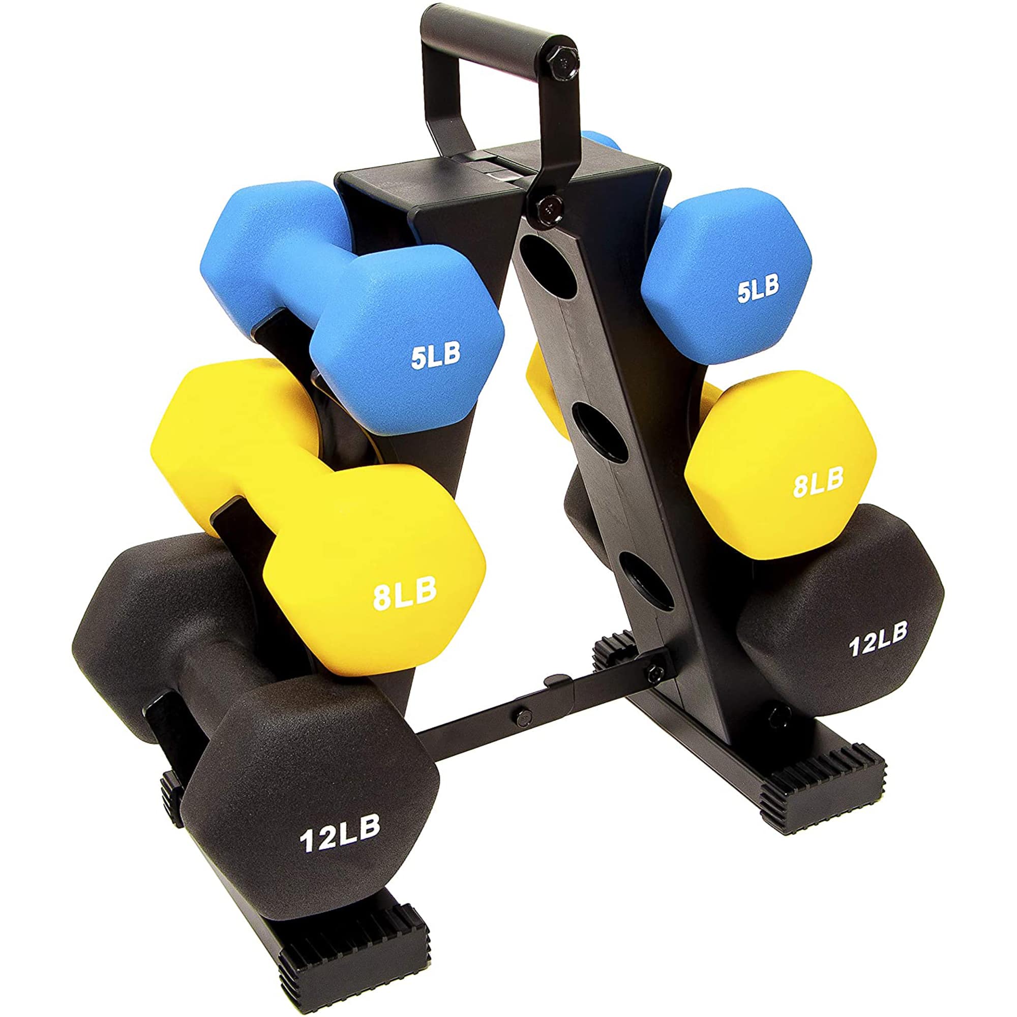 BalanceFrom Fitness - 5, 8, and 12 Pound Neoprene Coated Dumbbell Set with Stand - Multi-Color