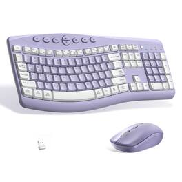 Bundle - HESVAP - Silent Ergonomic Wireless Keyboard and Mouse Combo, Full-Size Curved Keys, 2.4GHz USB, Adjustable DPI - Purple A