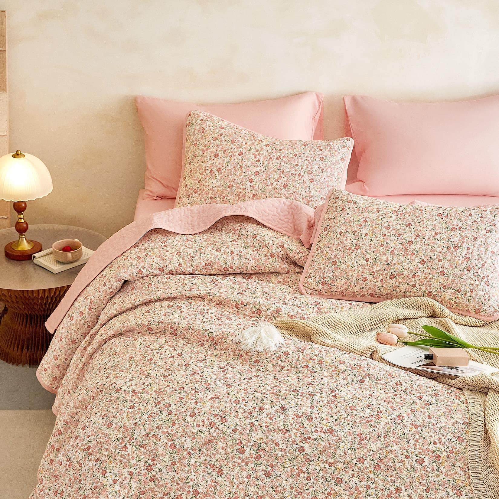 Jupe De Lit Vintage Cannon Bleu Et Blanc Floral - Taille Double + 2 Shams