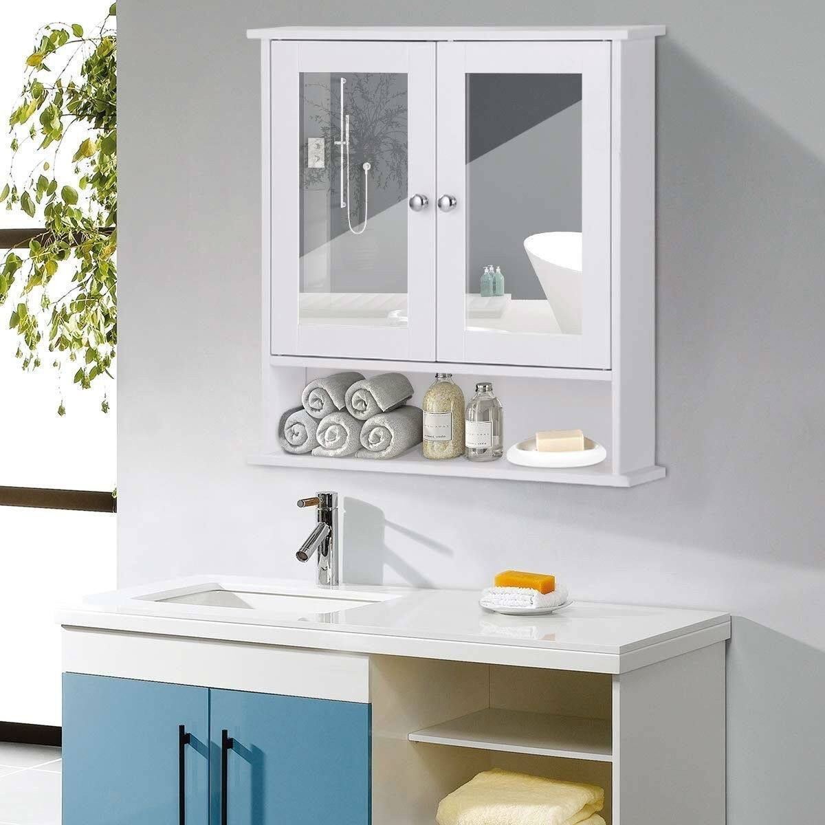 Angle. SlickBlue - Bathroom Wall Cabinet with Mirror and Open Shelf for Easy Access - White.