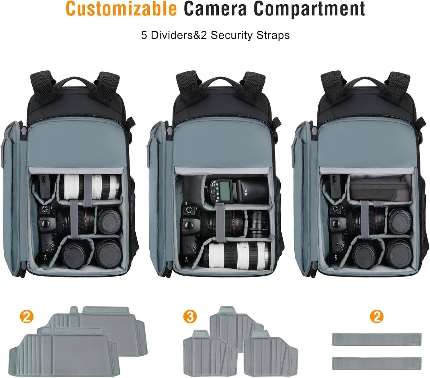 Customizable Camera Compartment  
5 Dividers & 2 Security Straps