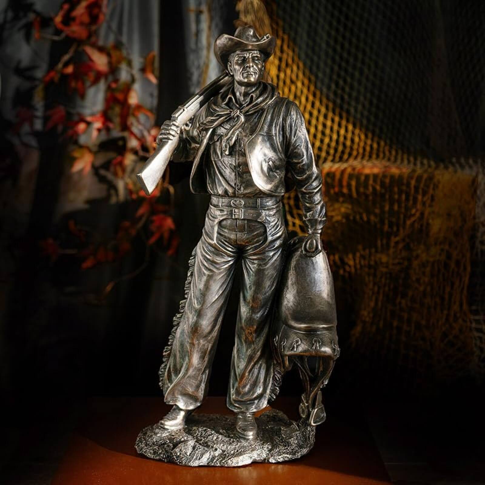 Alt View 2. Pacific Trading - Bronze Accent Cowboy Figurine with Rifle Gun and Saddle Western Decor Statue for Home 17 inch.