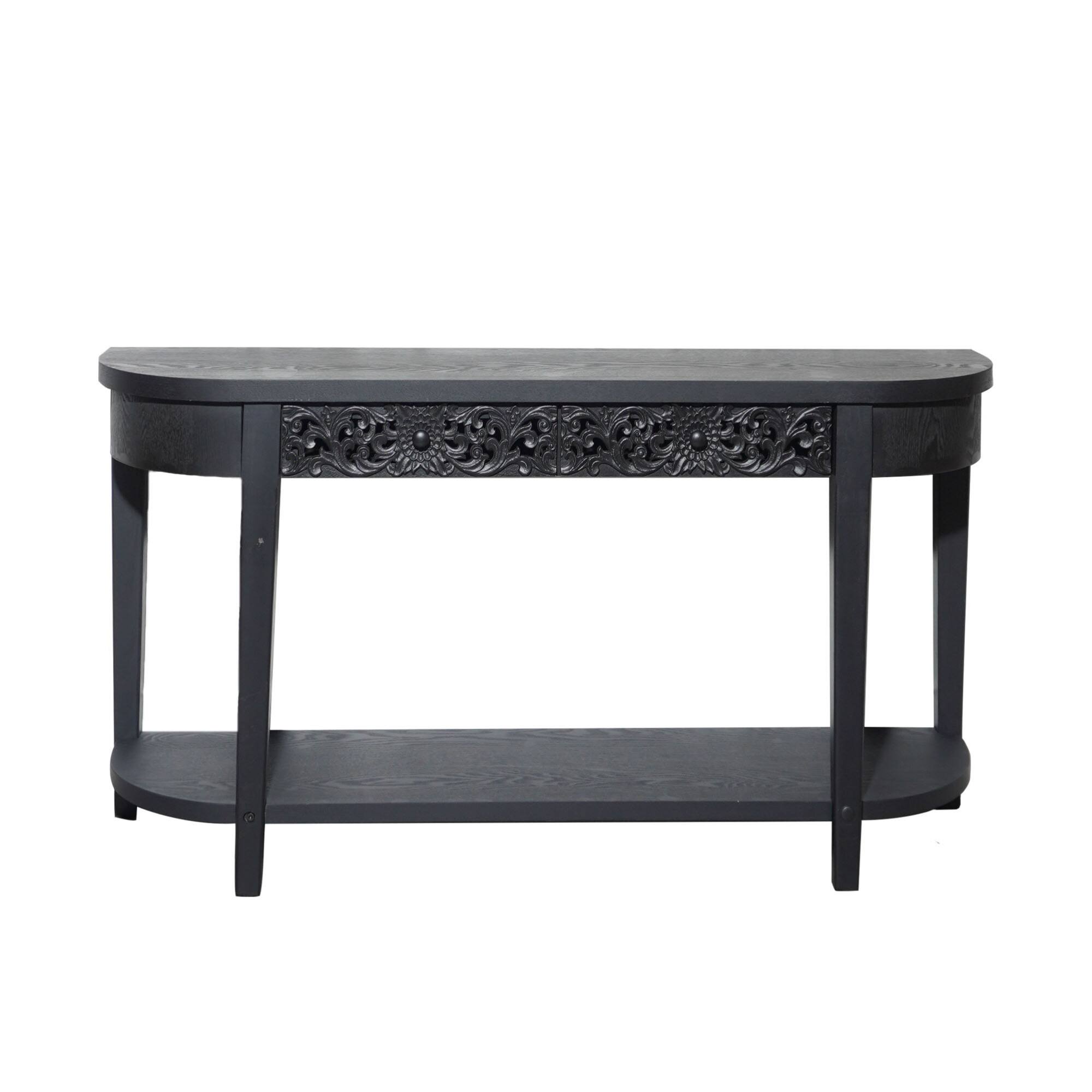 Back. GOODSILO - Elegant Carved Wooden Console Table with Lower Storage Shelf and Two Drawers for Entryway Living Room Hallway - Black.