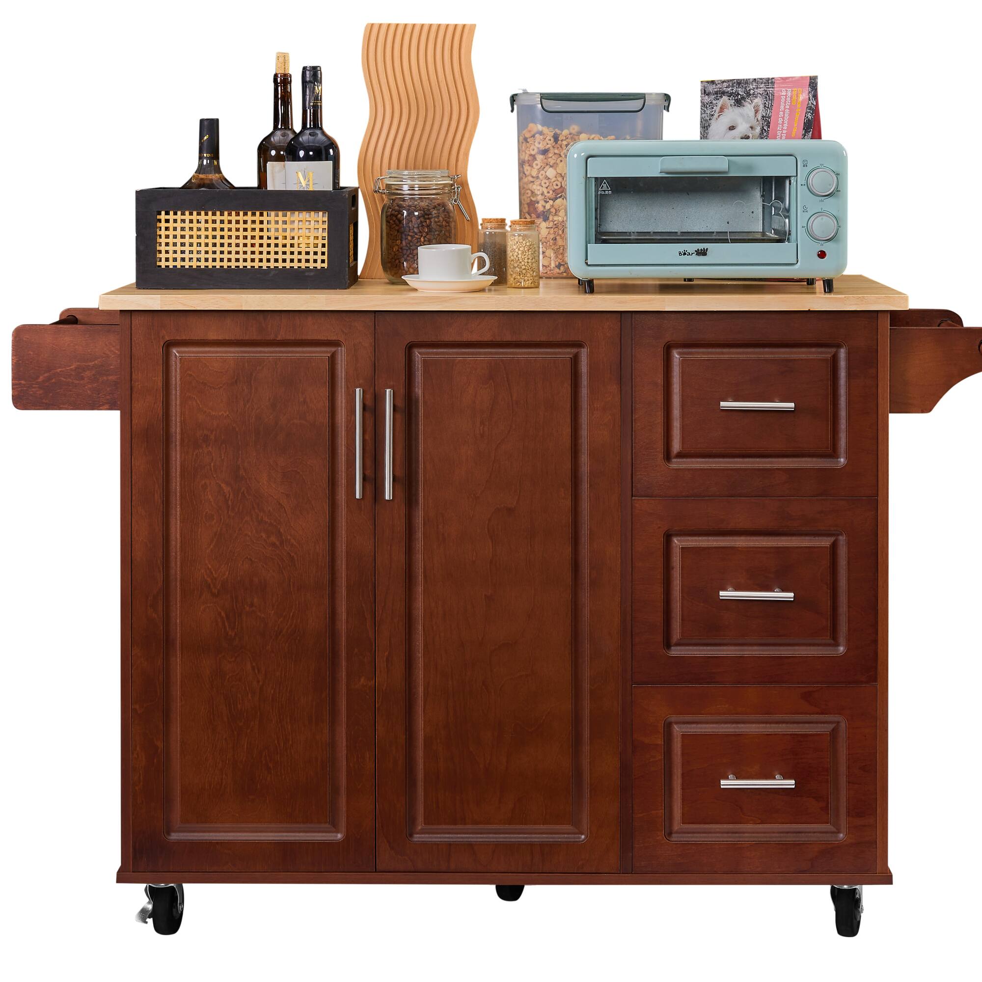 Alt View 6. ELEMENT ACE - Versatile Mobile Kitchen Island Cart with Drop Leaf Countertop, Storage Cabinet, and Towel Rack for Compact Spaces - Brown.