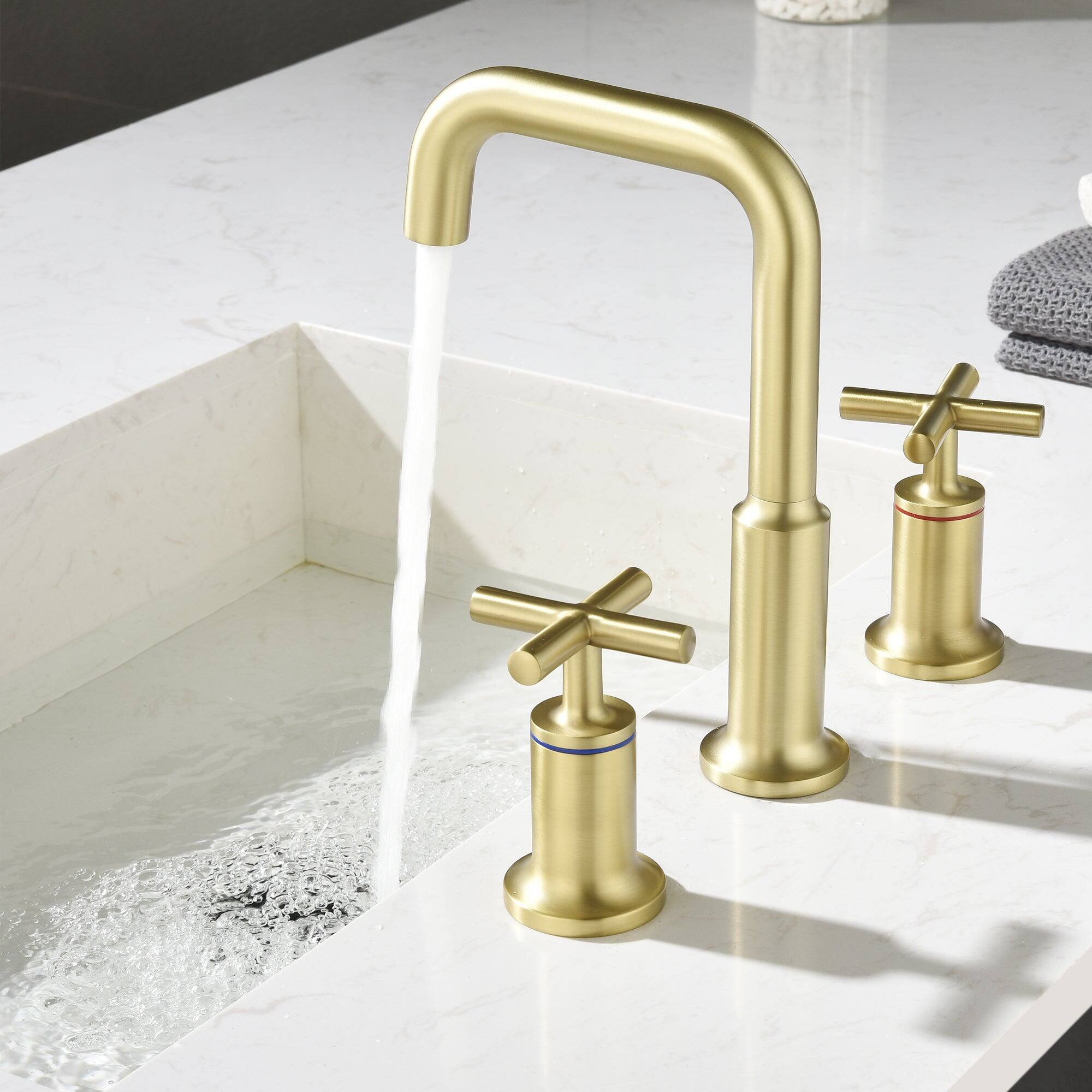 Left. Boyel Living - Brass 8 Inch Widespread Double Handle Bathroom Faucet with Water Supply Hoses and Quick Connected Hose in Brushed Gold - Brushed Gold.