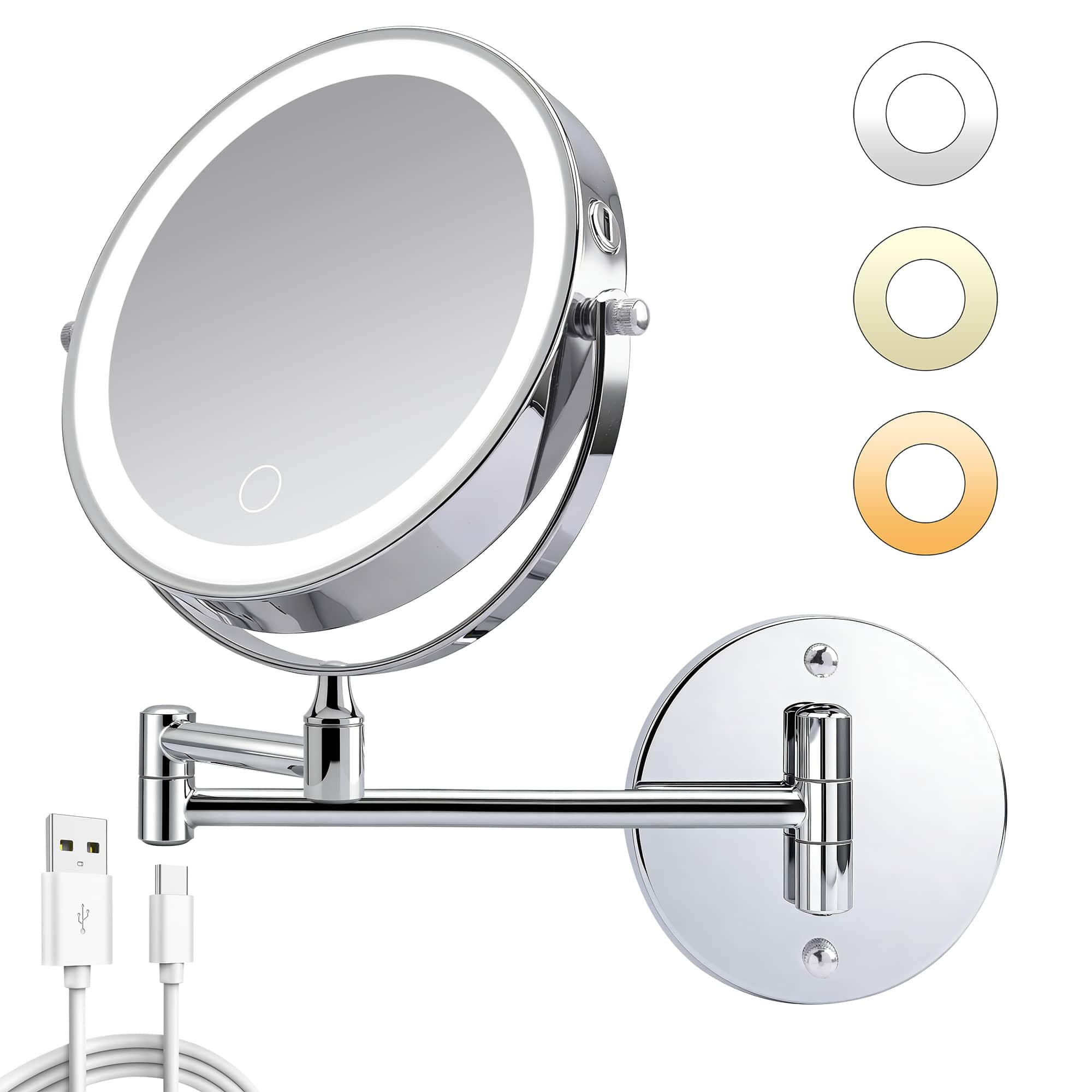 Bestier - 8in Wall Mounted Makeup Mirror 10X/1X Magnifying Mirror w/ Lights Double-Sided and 360° Rotation Extension - Silver
