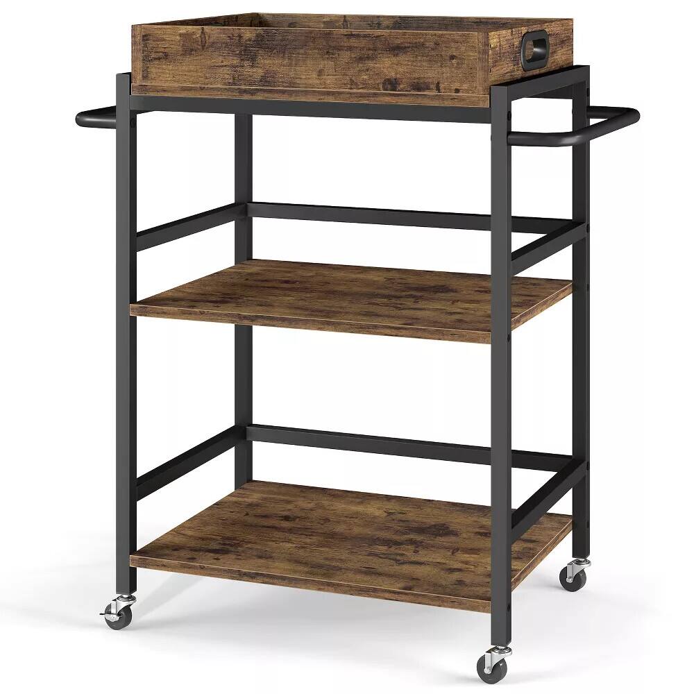 Alt View 1. SKONYON - 3 Tier Rolling Kitchen Cart with Storage Lockable Wheels Removable Tray Metal Frame and Wood Shelves - Brown.