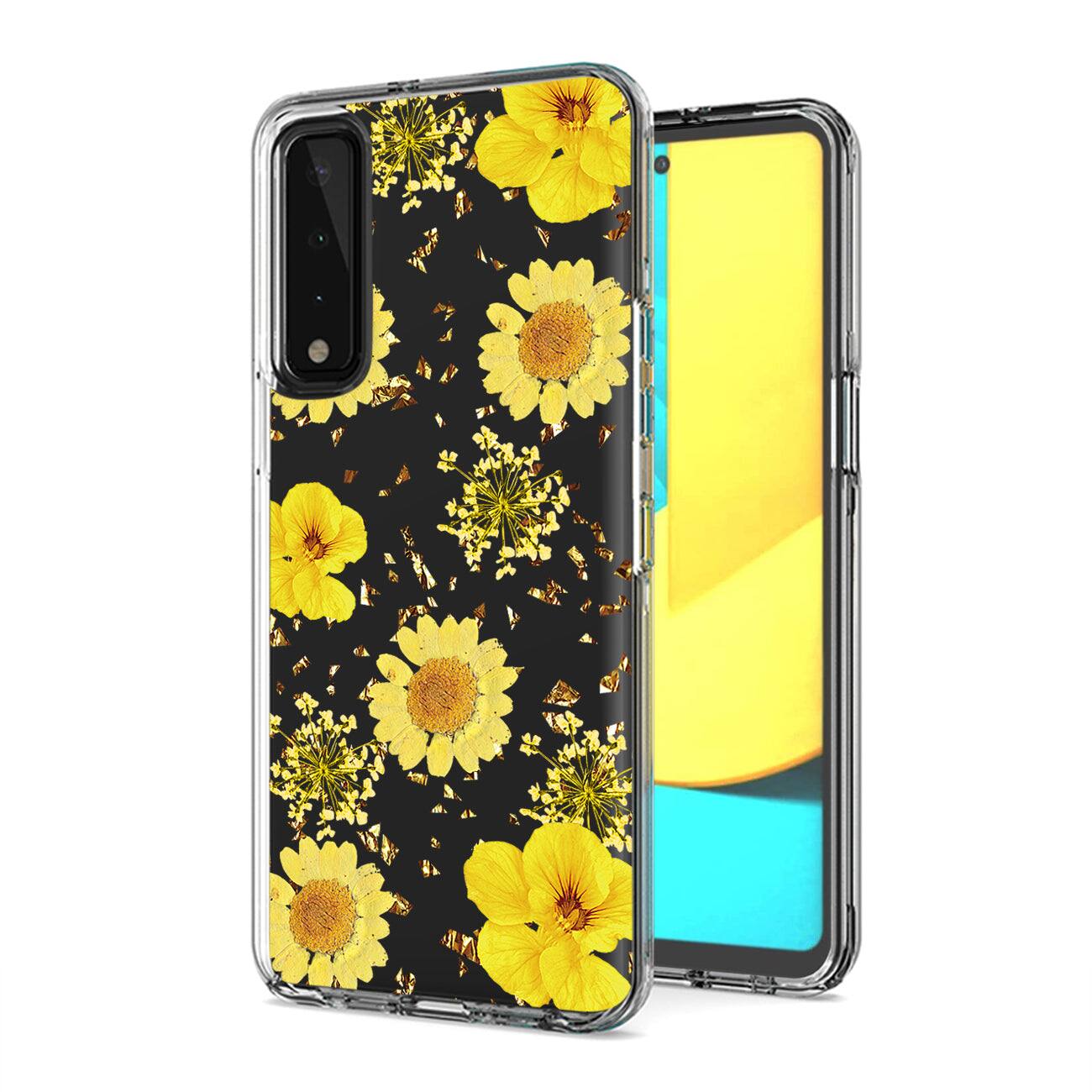 Front. Reiko - Pressed Dried Flower Design Phone Case For Lg Stylo7 4G In Yellow - Yellow.