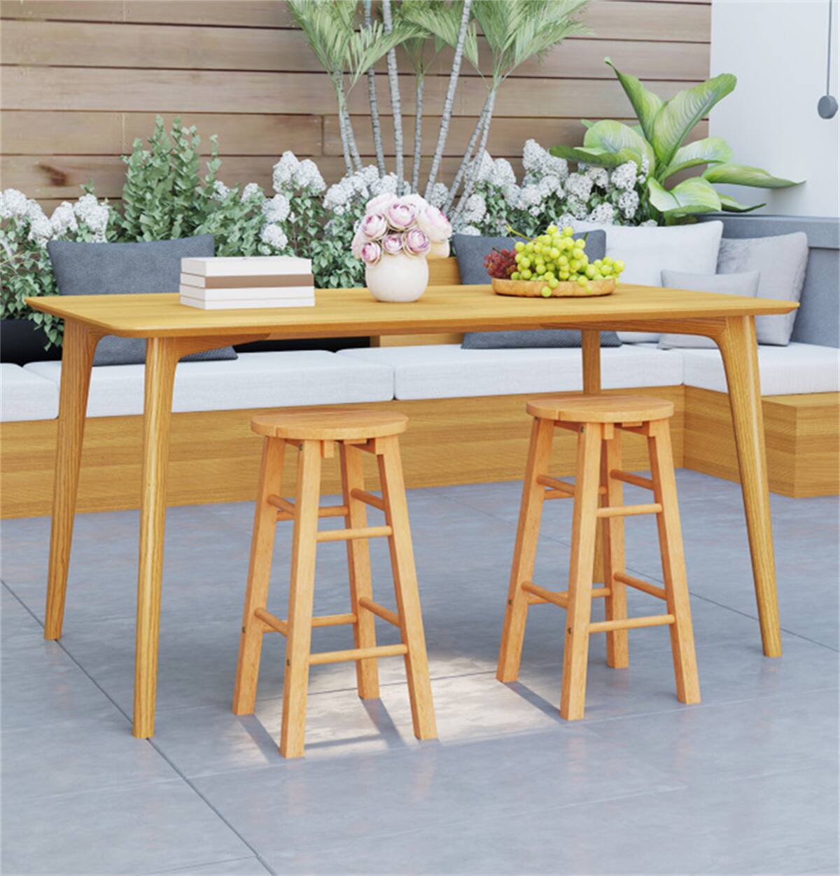 Left. SlickBlue - Set of 2 Round Wooden Bar Chairs with Strong Legs and Timeless Design, Ideal for Counter or Breakfast Bar - Natural.