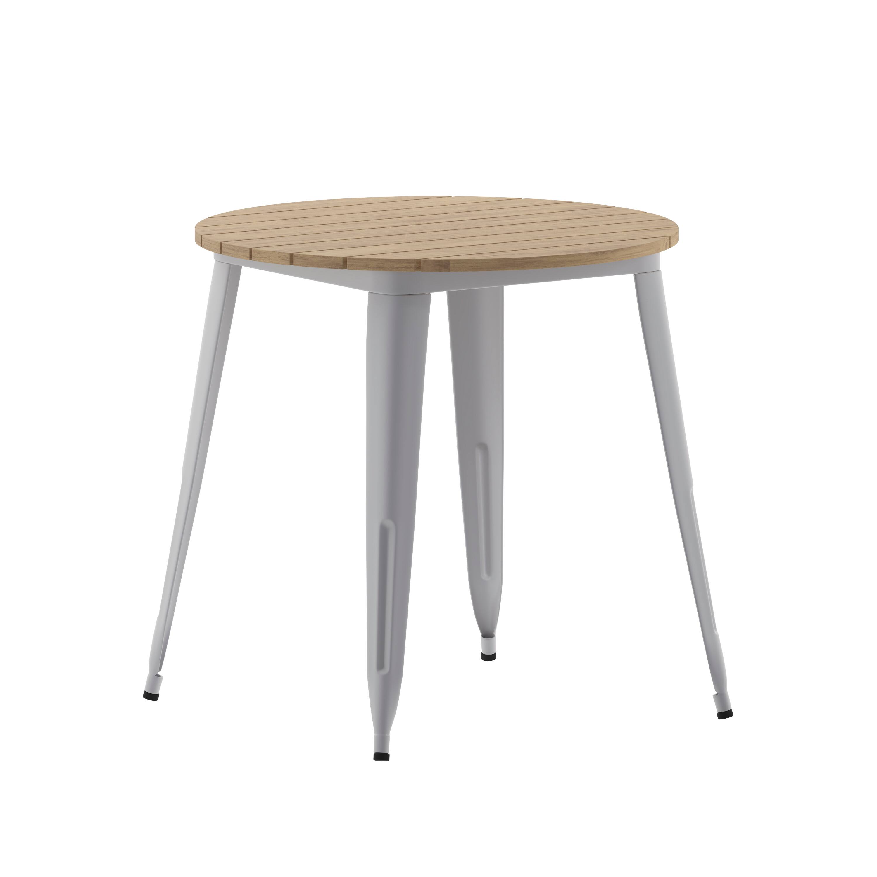 Alt View 1. Emma + Oliver - Drew Indoor/Outdoor Dining Table, 30" Round All Weather Poly Resin Top with Steel Base - Brown Top/Silver Frame.