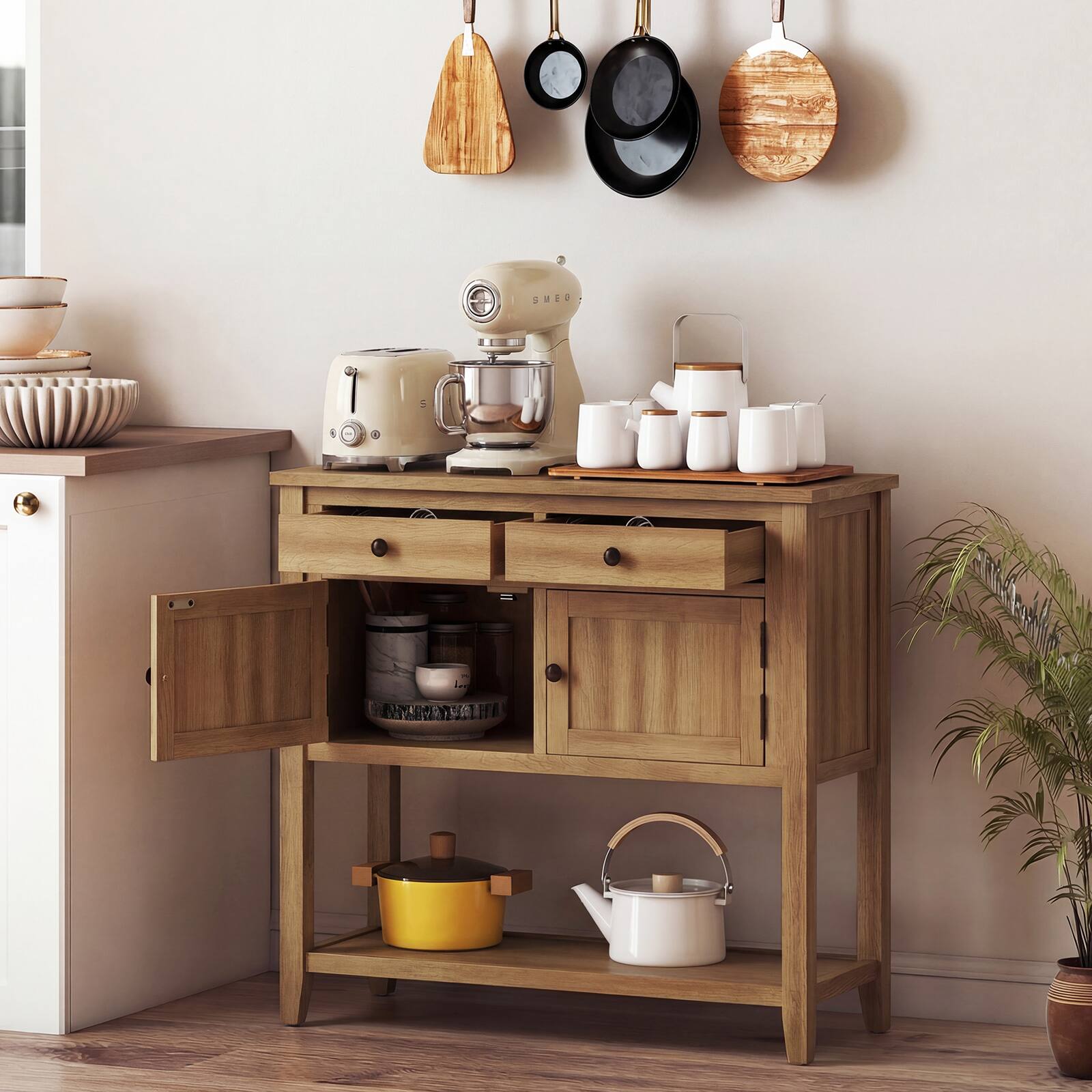 Alt View 5. Costway - Costway Mid-Century Console Table with 2 Drawers, 2 Cabinets & Bottom Shelf for Hallway - Brown.