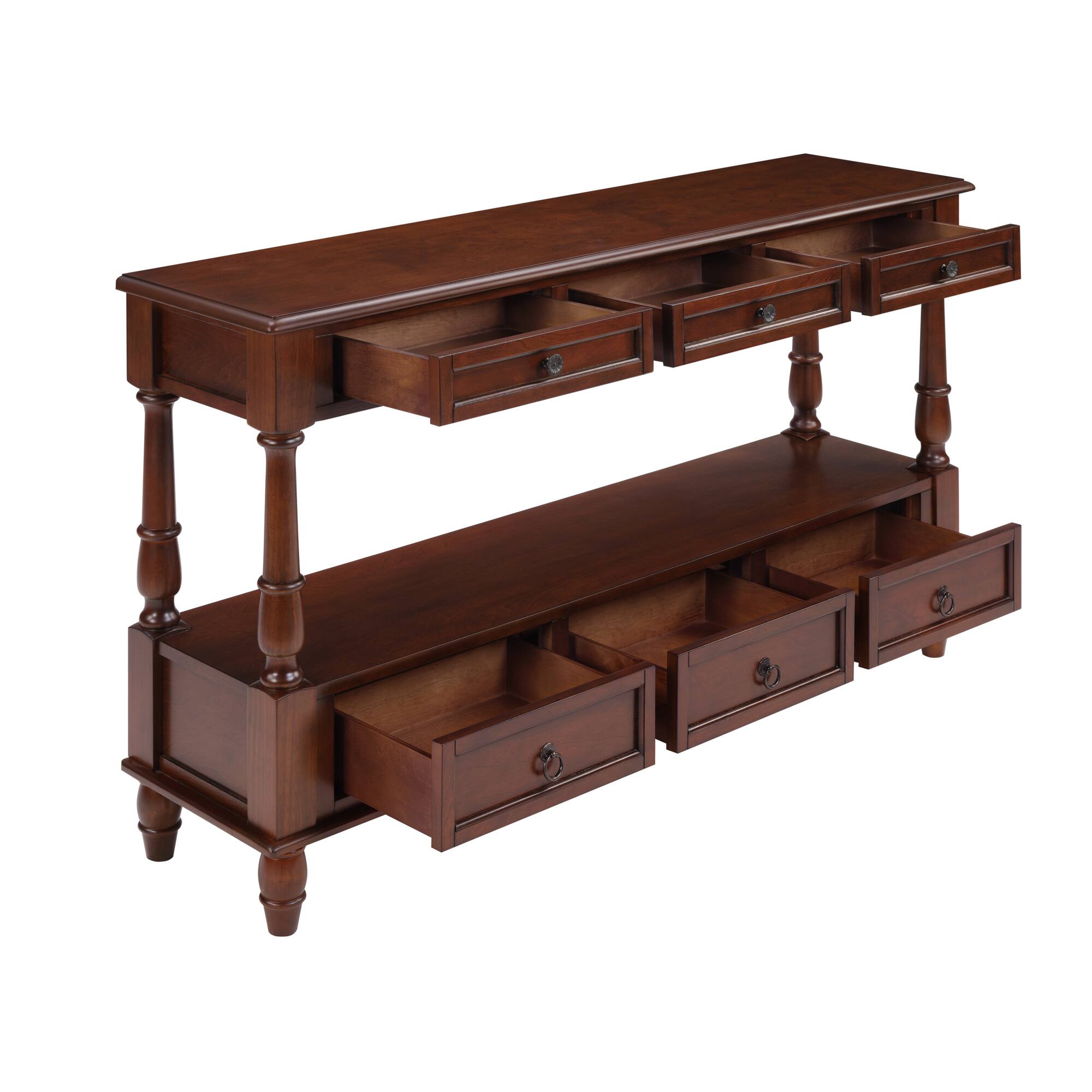 Alt View 8. GOODSILO - Vintage Style Solid Wood Console Table with Six Drawers and Two-Tier Shelf for Living Room and Entryway - Cherry.