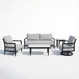 Mondawe - 5-Piece Outdoor Patio Set with Swivel Chair, Club Chair, Bench Sofa, Marble-Inspired Tables, and Sunbrella Cushions - Ember Black+Grey