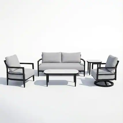 Front. Mondawe - 5-Piece Outdoor Patio Set with Swivel Chair, Club Chair, Bench Sofa, Marble-Inspired Tables, and Sunbrella Cushions - Ember Black+Grey.