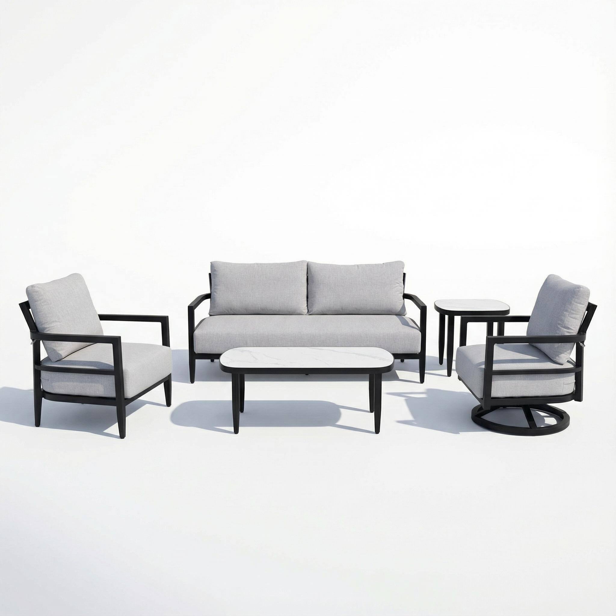 Front. Mondawe - 5-Piece Outdoor Patio Set with Swivel Chair, Club Chair, Bench Sofa, Marble-Inspired Tables, and Sunbrella Cushions - Ember Black+Grey.
