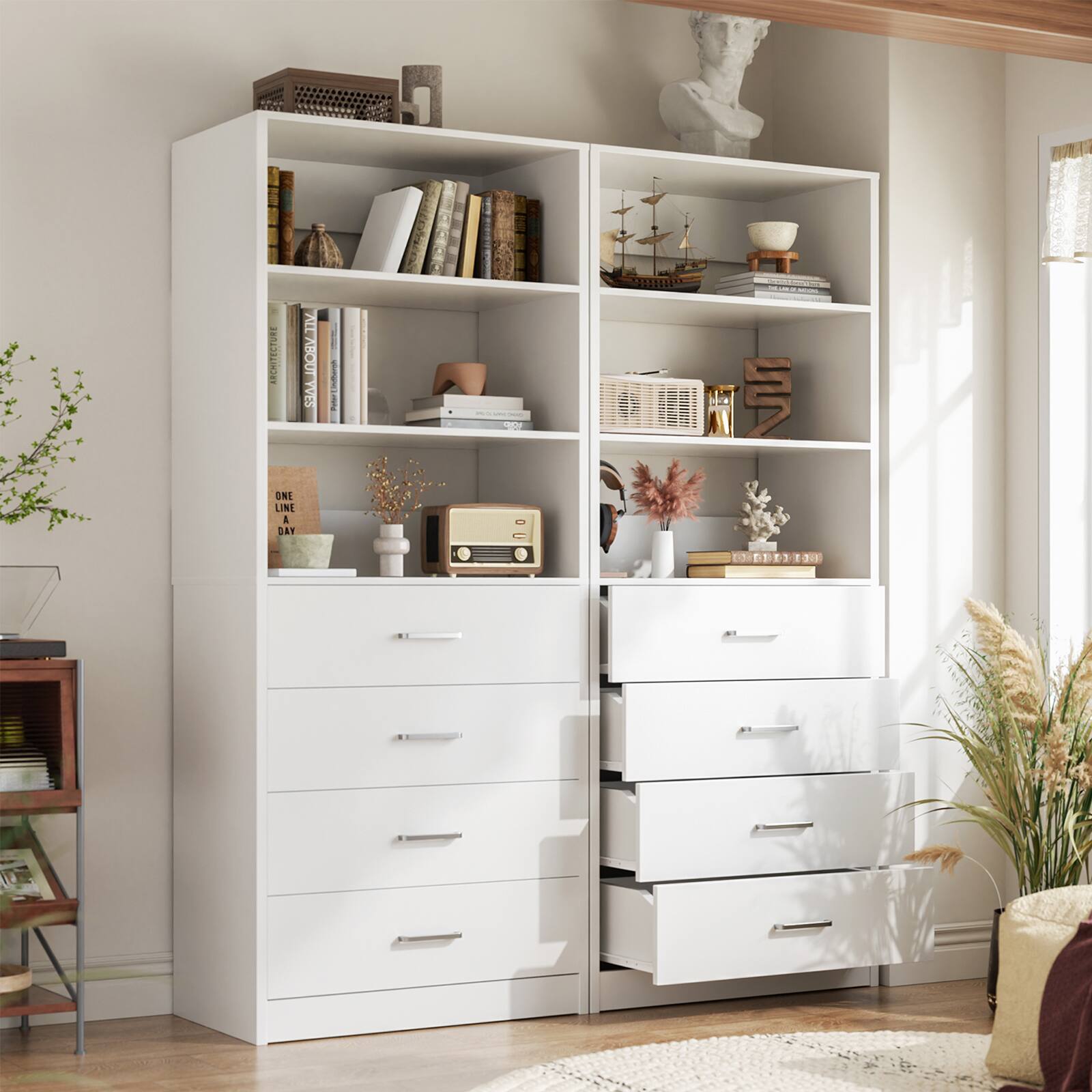 Aheaplus - 80'' Tall Bookcase with 8 Wooden Drawers, 42.5'' Wide Storage Unit with 4 Shelves, 2-Piece Set - White